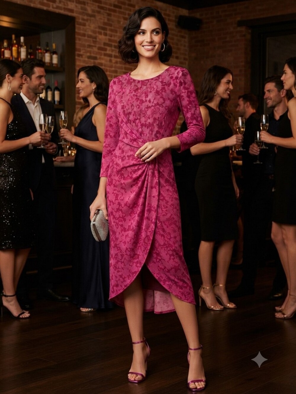 Halston Heritage Fuchsia Faux-Wrap Midi Dress